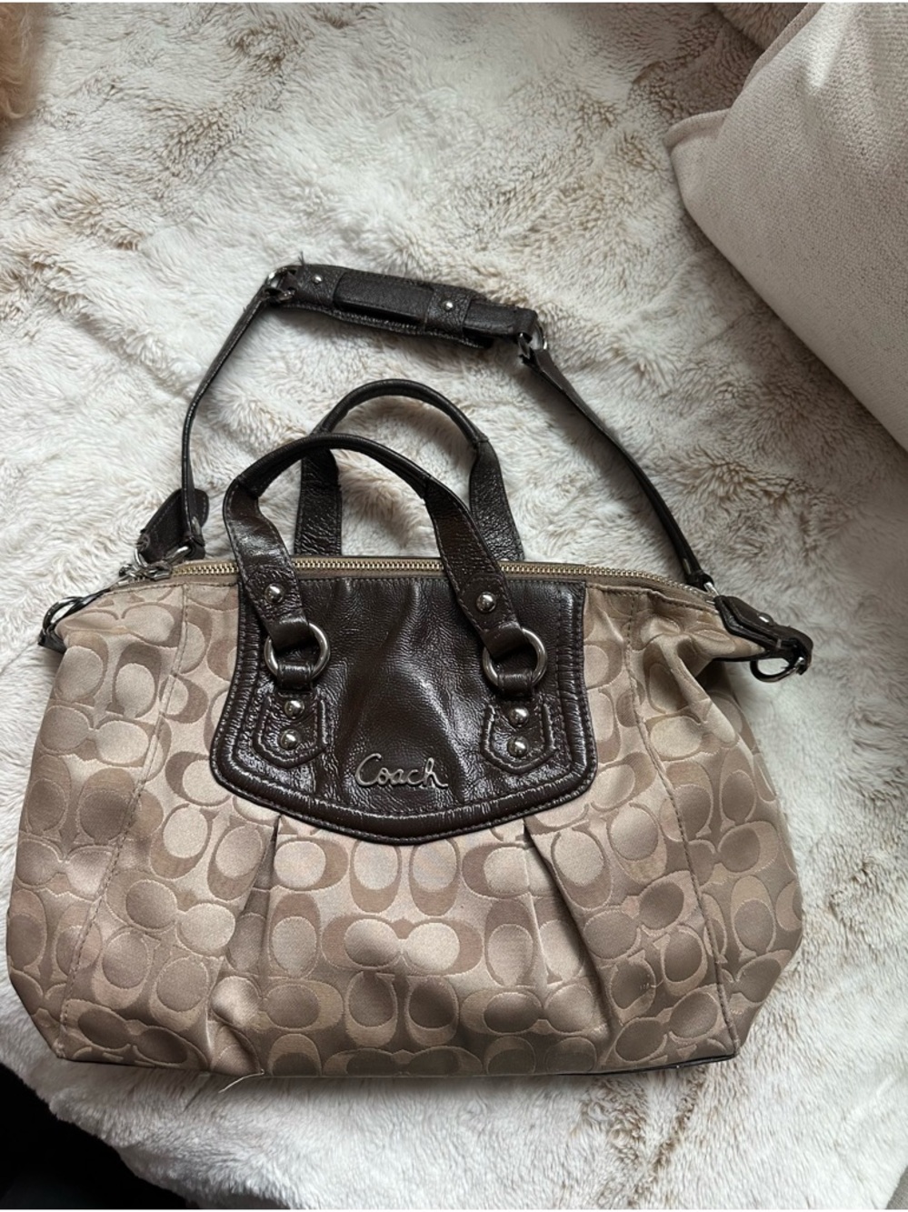 Coach Ashley Signature Satchel with Dark Brown Patent Leather Trim